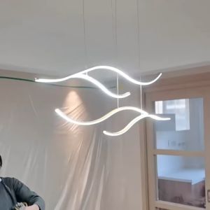 Modern Minimalism LED Pendant Lamp For Dining Room Kitchen Bar Living Room Bedroom Black Curve Remote Control Chandelier Light