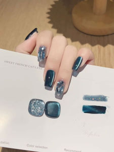 New Advanced Simple Elegant Deep Sky Blue Cat Eye Nail Art Finished Handmade Wearable False Nails Removable Quality Craftsmanship