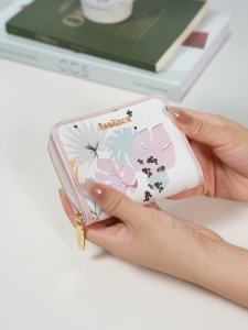 SeaGloca Floral Print Small Card Holder Zipper Short Wallet for Women No 24