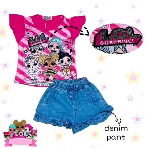SETELAN ANAK IMPORT TSHIRT LOL SEQUIN APPLICATION SHORT PANT DENIM