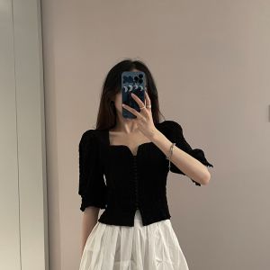 SHLIFE Black V-neck American Plus Size T-shirt Womens Summer French Retro Short Design Bubble Sleeves for Outer Wear Top