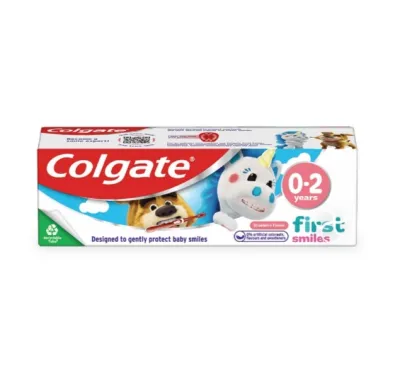 Colgate first smiles toothpaste for 0-2 years designed to gently protect baby smiles strawberry flavor.