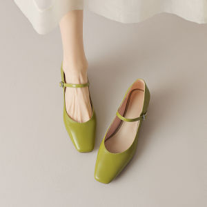 Leather Mary Jane Shoes Womens Flats Medium Heel Square Head Fashionable Lady Commuter French Style Slip-On Single Shoes