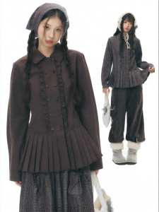 NAPSNAPS | Áo Blouse Họa Tiết Caro Đôi Cúc Dây Thắt eo với Trang Trí Gỗ Tai