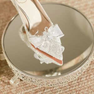 Silver Wedding Shoes Comfortable Crystal High Heels Single Shoes for Brides Elegant Sharp Pointed Toe Thin Stiletto Heels