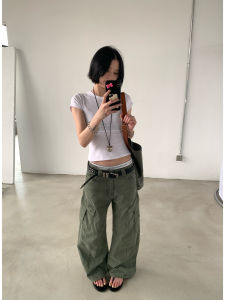 XXDIRLY Vintage Washed Casual Pants Women Loose Silhouette Knife Edge Multi Pocket Workwear Trousers Summer Cotton 100%