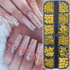 12Grids 3D Silver Heart Bow Buttefly Nail Rivet Studs Y2K Metallic Star Moon Nail Charms Valentines Day DIY Manicure Decoration