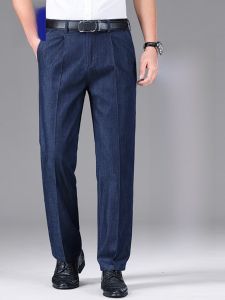 ROMON | Lormen Mens Summer Casual Pants Ice Silk Thin Loose Straight Business Dad Long Cotton Polyester Lyocell Rayon Silk Elastic