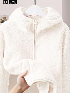 White Fleece Hooded Jacket Womens Winter New Long Plush Lined Thickened Sweatshirt Warm Coral Velvet Top Polyester Fiber