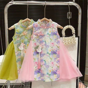 Girls Cheongsam Dress Summer New Floral Print Children National Style Clothes Small Kids Princess Skirt Baby Flower Skirt