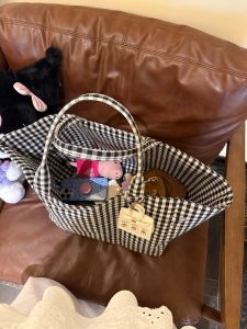 Casual Canvas Tote Bag Korean Style Lazy Checkered Black White Commuting Shopping Travel Bag for Class And Daily Use