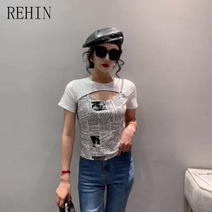 REHIN Womens top Summer new trendy design niche  hollow short-sleeved T-shirt letters print All-match cotton blouse