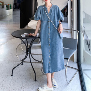 Retro Denim Dress Women Summer Thin Casual Loose Straight Long Skirt Slimming High Waist V-Neck H-Shape Mid-Length Skirt