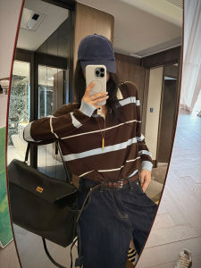 CHOEFULYN | Vintage Style Caramel Striped Polo Neck Knit T-shirt for Women