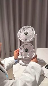 Electric Fan Desktop Fan USB Rechargeable Double-layer Desktop Fan Desktop Double Head Rechargeable Fan 3 Wind Speed 90° Up and Down Adjustment for Home Office Camping Kitchen