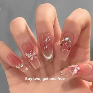 Ice Crystal Butterfly Wearable Nail Tips Medium Long New 2025 Blush Enhancing White Nail Art Diamond Decor Gentle Nail Patch