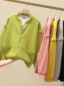 Womens Baseball Jacket Sweatshirt Outerwear Zipper round Neck Loose Fit Large Size Open Cardigan Autumn Fashion Korean Style