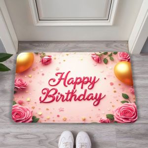 VIKAMA Flower Happy Birthday Door Mat Anti slip Water absorbing Runway Carpet Indoor and Outdoor Party Carpet Home Decoration