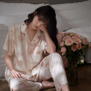 Princess Style Ice Silk Sleepwear Short Sleeve Long Pants Home Clothes Womens Summer New Arrival Luxury Sweet Feeling Home Clothes