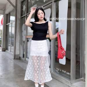 กระโปรงลูกไม้ซีทรู กระโปรงลูกไม้ลายดอก กระโปรงลูกไม้ยาว