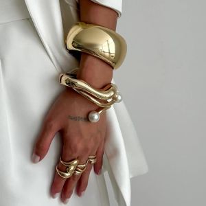 Ingemark | Ingemark Punk Hip Hop Irregular Metal Chunky Bangles for Women Vintage Fashion Gold Color Wave Spring Bracelets Men Jewelry Gift