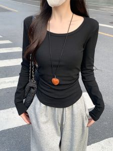 เสื้อยืดคอกลมแขนยาวทรงเข้ารูปสไตล์เกาหลีสำหรับผู้หญิงในฤดูใบไม้ร่วงปี 2024 เสื้อชั้นในลายพิมพ์ลายดอกไม้แบบลำลอง