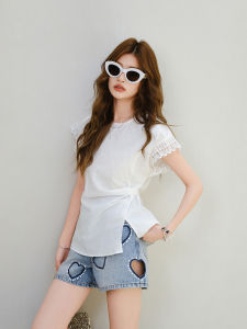 Stylish Lace Hollow Design T-Shirt Slim Fit Cinched Waist Top