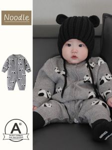 Baby Knitted Grey Onesie Spring Outfit 100 Day Panda Design Infant Sweater Spring Autumn Clothes for Babies And Toddlers