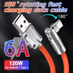 120W 6A Gaming 180° Rotating Super Fast Charge Cable Type C/IOS/ Micro USB Fast Charging Cable Liquid Silicone Fast Charging Data Cable for Xiaomi Huawei Samsung IPhone