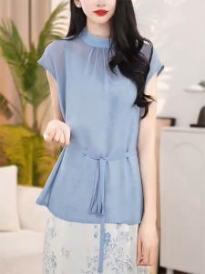 QINGNAER | Stylish Plus Size Cinched Waist Mandarin Collar Shirt