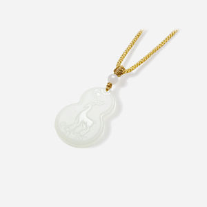 ZHOU LIU FU 周六福 White Jade Gourd Pendant Necklace Lucky Deer Design Natural Gemstone Jade Bead Pendant Adjustable Brown Braided Necklace for Women Mother 65-75cm Y0413951