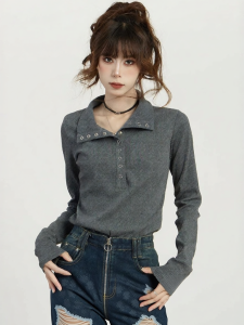 KBVVR | Gray Knitted Polo Collar Long Sleeve T-shirt Autumn