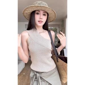 YUEZHONGWEI | Áo Knit Trắng Lụa Băng Dây Off-Shoulder Ngắn