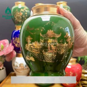 Bình đựng trà Bát Trràng men xanh vẽ cảnh chùɑ một cột khuê văn các - Bình Đựng trà gốm sứ Bát Tràng cao cấp