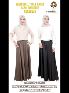 JJ COUTURE WOMEN PLAIN LONG TWILL SATIN SKIRT WITH 2 SIDE POCKETS ELASTIC WAIST FREESIZE