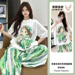 Womens Summer Sleepwear Set with Chest Pad Short Sleeve Long Pants Cotton Home Clothes Outdoor Wear Sweet Cute Style