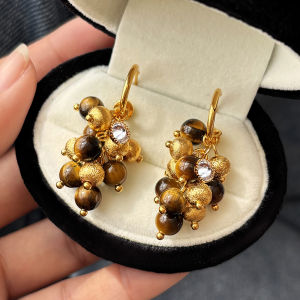 Golden Tiger Eye Stone Earrings Women Luxury Unique High-End Feeling Drop Earrings Fashionable Geometric Pattern Hoop Earrings