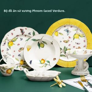 Đĩa Ăn Gốm Sứ Phong Cách Châu Âu Thanh Lịch Với Hoa Văn Chanh Tròn Bít Tết Bộ Cà Phê Cho Món Tráng Miệng Ẩm Thực Phương Tây
