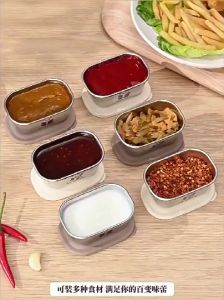 ถ้วยมีฝาซอสเครื่องปรุงอาหารการ์ตูนเหล็กสแตนเลสขนาดเล็กช่องใส่ซอสกันรั่วสำหรับเก็บซอสมะเขือเทศสลัดอุปกรณ์เครื่องครัวในบ้านปรุงรส