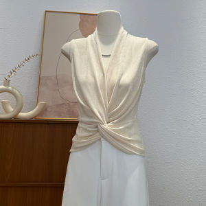 Elegant V-neck T-shirt Womens Summer Sleeveless Knot Design Slim Fit Fashionable Unique Style Casual Comfortable Breathable