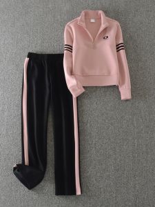 Bộ Đồ Thể Thao Cotton Pha Trộn Thời Trang Cho Phụ Nữ Trung Niên Mùa Xuân 2025 Bộ Đồ Hai Mảnh Dài Tay Quần Dài Cổ Đứng Khóa Kéo