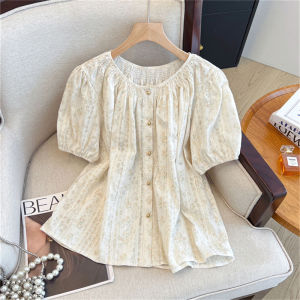 AIYITI | Loose Floral Short Sleeve Womens Shirt Summer New Plus Size Cover Belly Casual Style Round Neck Button Up Top Korean Design