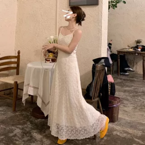 Elegant White Lace Strap Dress Womens A-Line Long Vest Skirt Slim Fit Summer Autumn New Style High Waist Cotton Blend Casual Dress