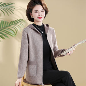 Middle-Aged and Elderly Womens Autumn Clothes Woolen Sweater Outwear Mothers Hooded Top Mother-in-Law Grandma Spring & Fall Winter Clothing Cardigan