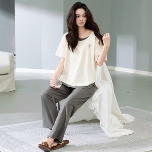 miiow | Pure Cotton Summer Sleepwear Womens Short Sleeve Long Pants Thin Home Clothes Set Large Size Casual V-neck Solid Color