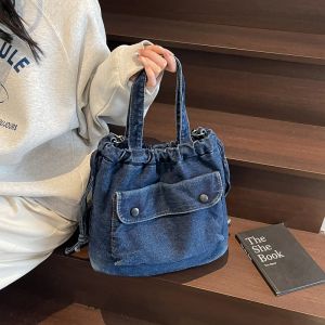 2025 New Fashionable Versatile Single Shoulder Bucket Bag Womens Denim Commuter Handbag Korean Style Leisure Pure Color