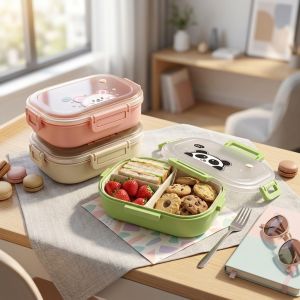 WORTHBUY | 1000ML Cute Kids Bento Box Detachable 3 Grids Plastic Divided Lunch Box For Students Picnic Portable Snack Fruit Food Container
