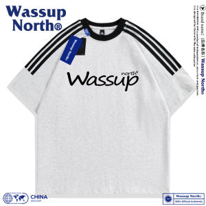 Áo Thun Cotton Nam Mùa Hè WASSUP NORTH Cổ Tròn in Chữ Sọc Thời Trang Đa Năng Thoải Mái Thoáng Khí