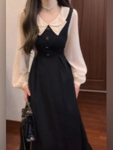 French Vintage Hepburn Style Doll Collar Long Dress Slimming Waist Design Autumn New Arrival Elegant Ladylike Midi Skirt