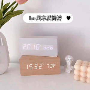 Wooden LED Alarm Clock with Temperature Sounds Control Electronic Digital Clock